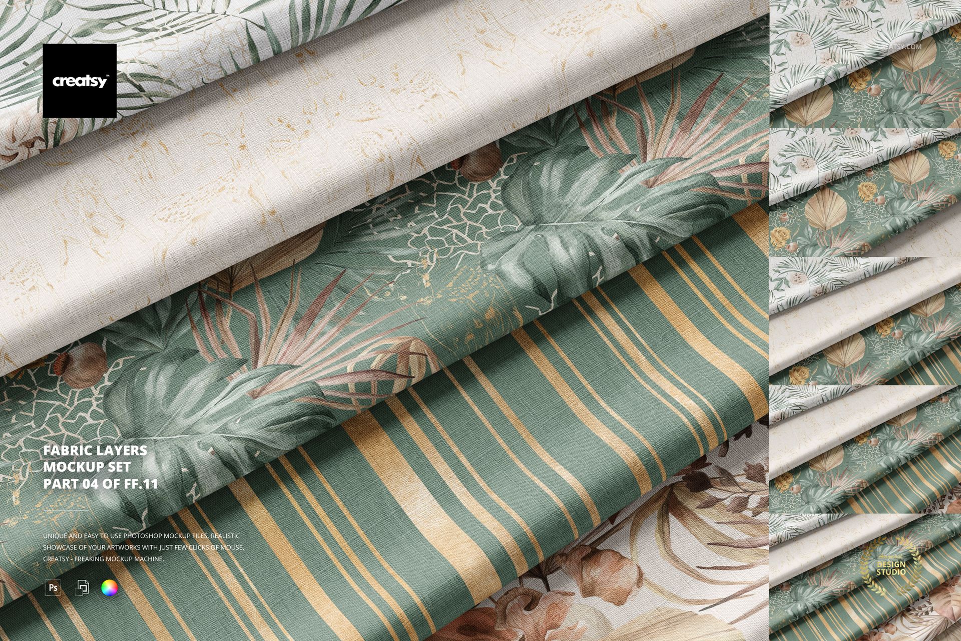Fabric mockup set featuring several folded textile pieces in green, beige, and gold tones with assorted prints.