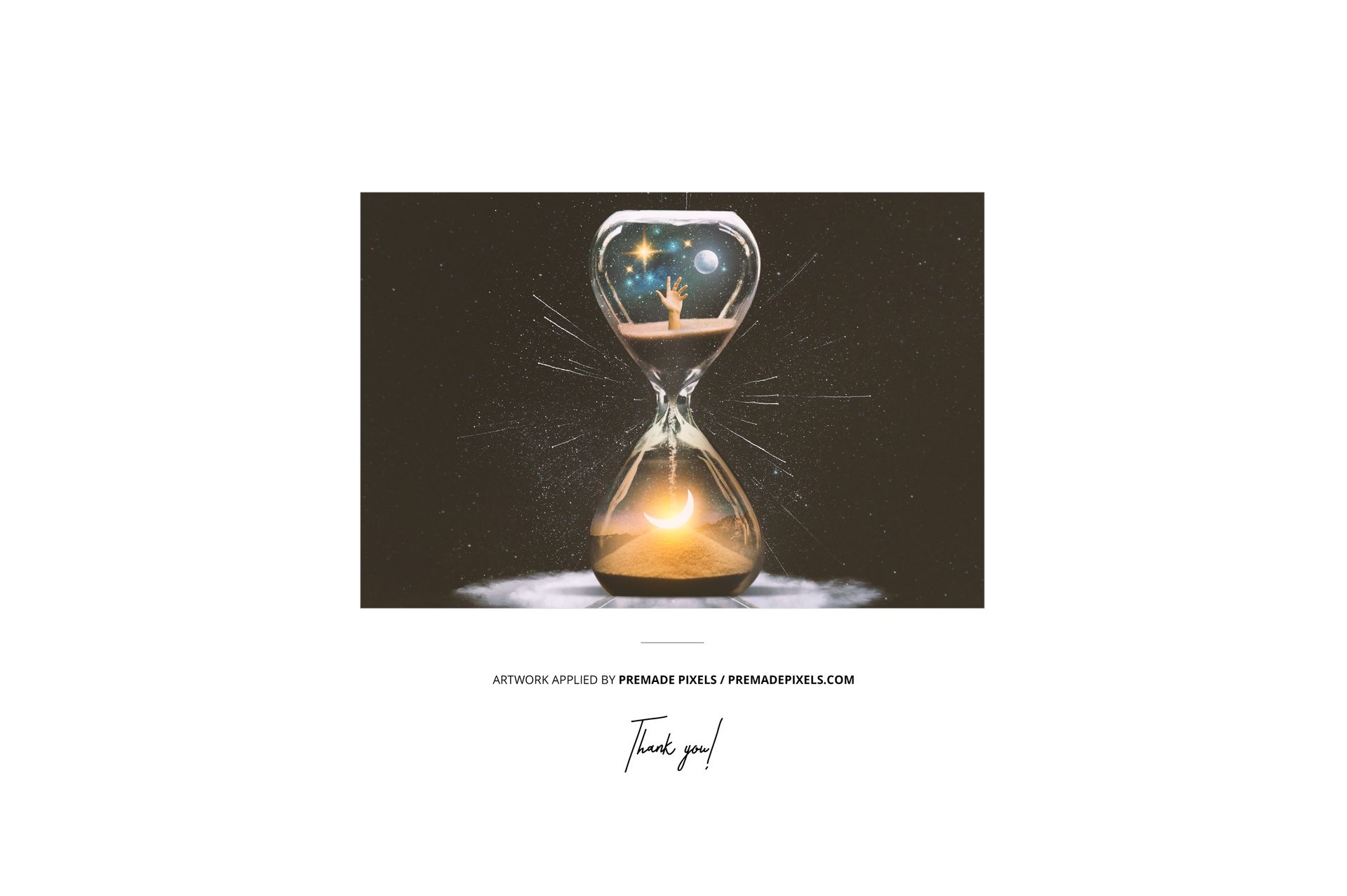 Vinyl record cover mockup featuring an hourglass with cosmic and desert scenes, shown from the front on a white background.