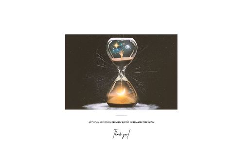 Vinyl record cover mockup featuring an hourglass with cosmic and desert scenes, shown from the front on a white background.