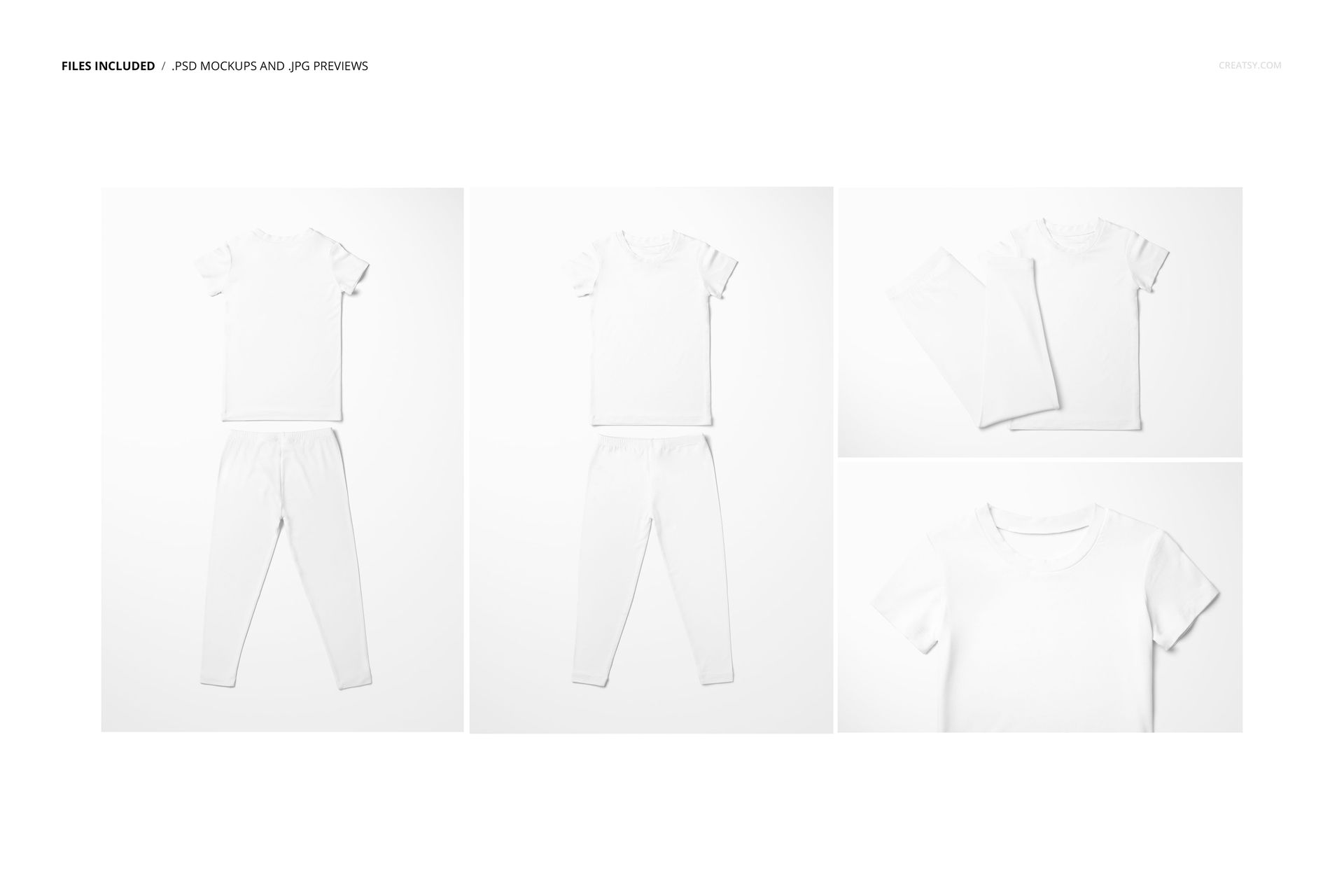 Kids short sleeve pajama set mockup featuring a plain white shirt and pants shown from multiple angles on a white background.