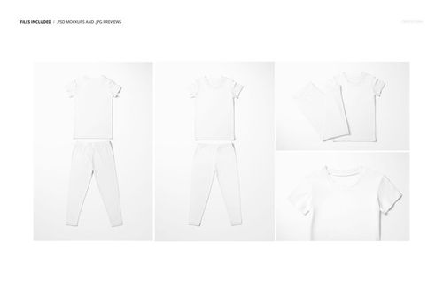 Kids short sleeve pajama set mockup featuring a plain white shirt and pants shown from multiple angles on a white background.