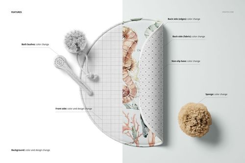 Round polyester bath mat mockup shown from top view, featuring floral and geometric patterns with bath accessories.