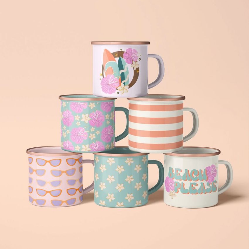 Six enamel mug mockups with silver rims are stacked in a pyramid, each displaying colorful summer designs and patterns.