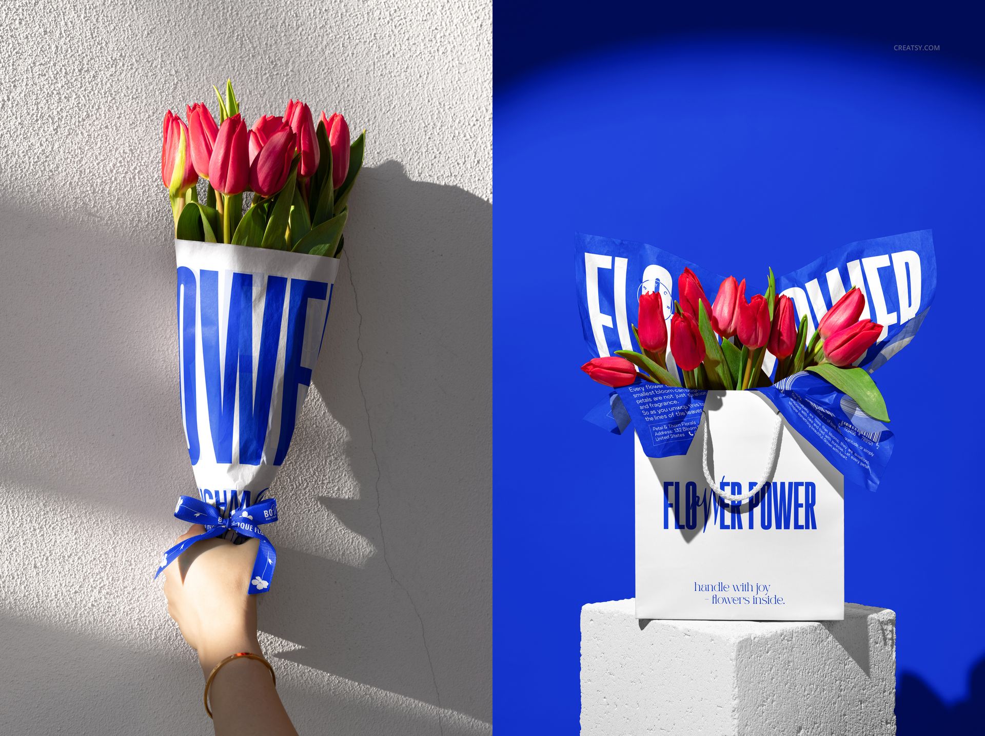 PSD mockup featuring a tulip bouquet with blue and white wrapping paper, presented in two distinct lighting setups.