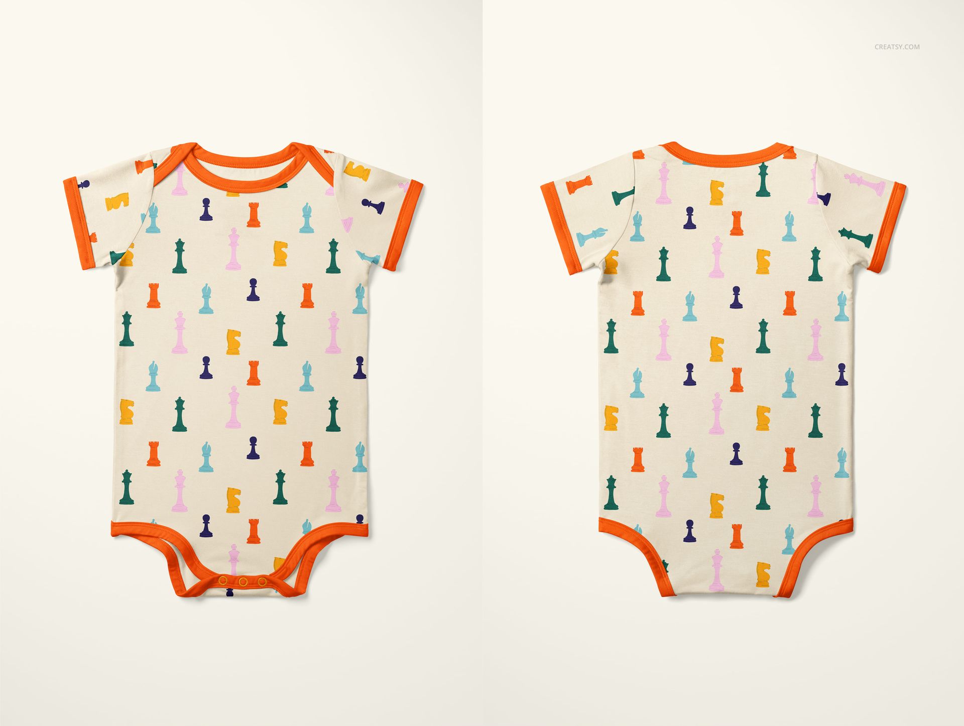 Front and back view of a baby bodysuit mockup featuring a colorful chess piece pattern on a cream background.
