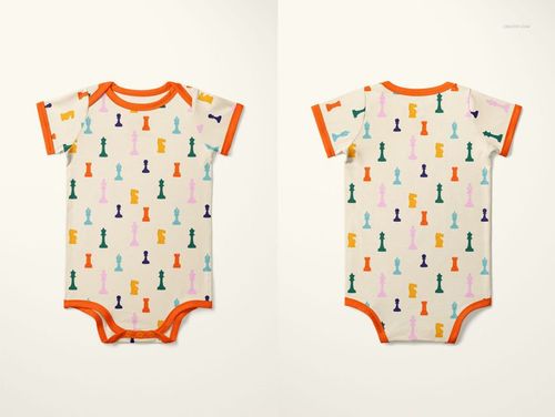 Front and back view of a baby bodysuit mockup featuring a colorful chess piece pattern on a cream background.