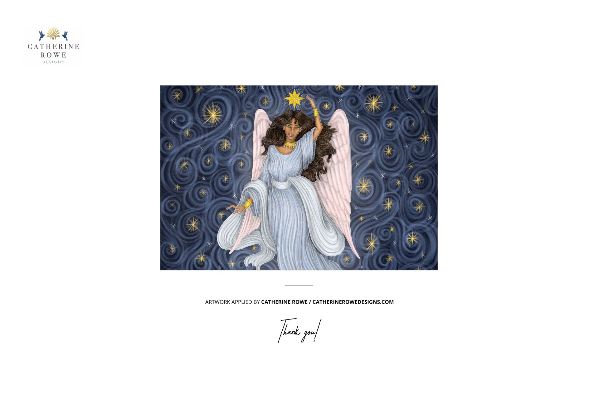 Oval-shaped Christmas ornament mockup featuring an angel in a blue dress with wings, set against a starry night background.