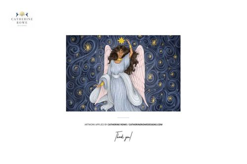 Oval-shaped Christmas ornament mockup featuring an angel in a blue dress with wings, set against a starry night background.