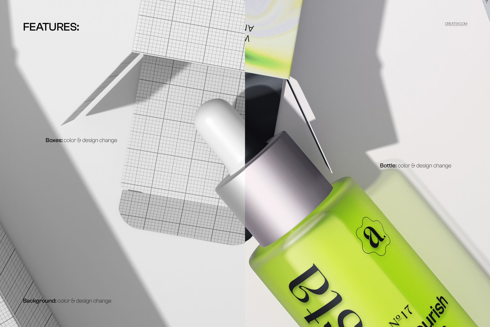 Top-down view of an open packaging box and a dropper bottle, both in green tones, shown in a split mockup scene.