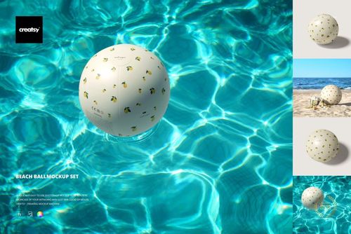 Beach ball mockup featuring a playful fruit design, shown in pool water and sandy beach backgrounds from top view.