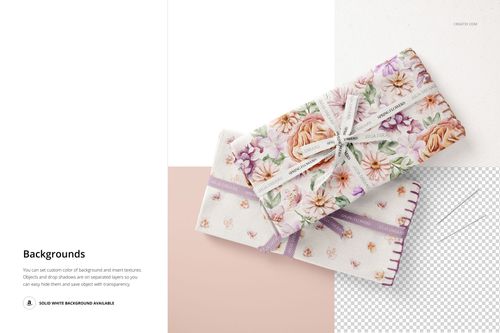 PSD mockup of folded fabrics with soft floral prints and lilac accents, shown from a top view on a light background.