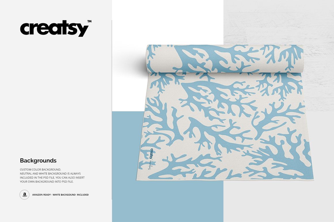 Flat woven rug mockup featuring a blue and white coral design, displayed with one edge rolled up, front perspective.