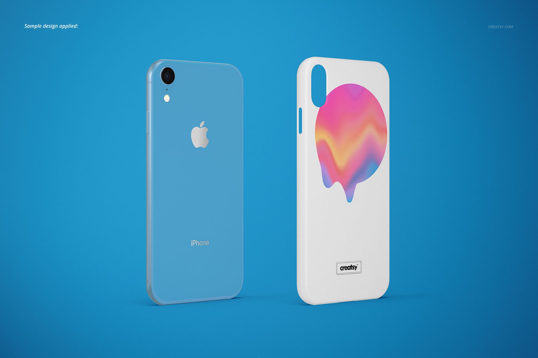 Front and back view of an iPhone XR with a matte snap case mockup, featuring a colorful abstract design on a blue background.