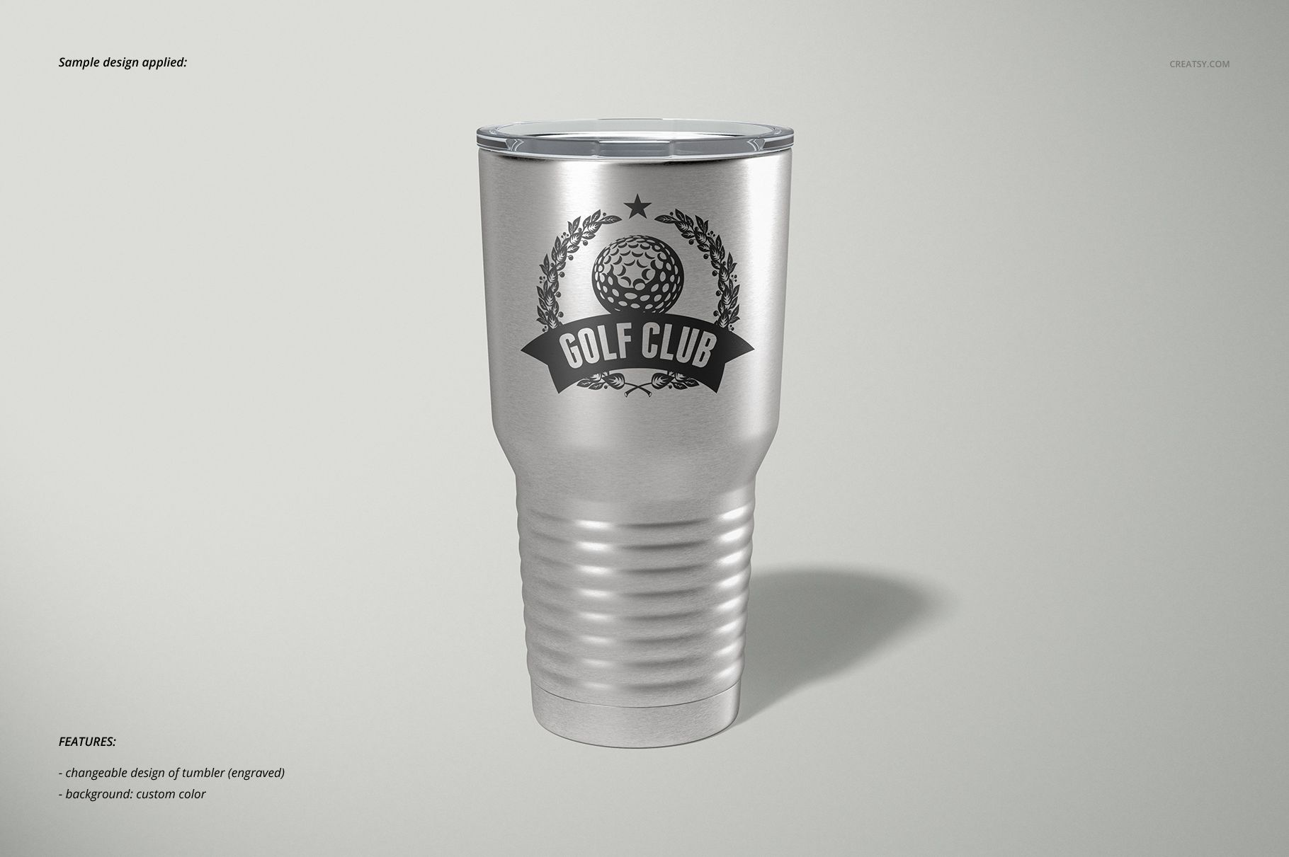 Silver 30oz ringneck tumbler mockup displayed upright with a customizable logo and subtle shadow on a neutral backdrop.