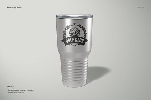 Silver 30oz ringneck tumbler mockup displayed upright with a customizable logo and subtle shadow on a neutral backdrop.
