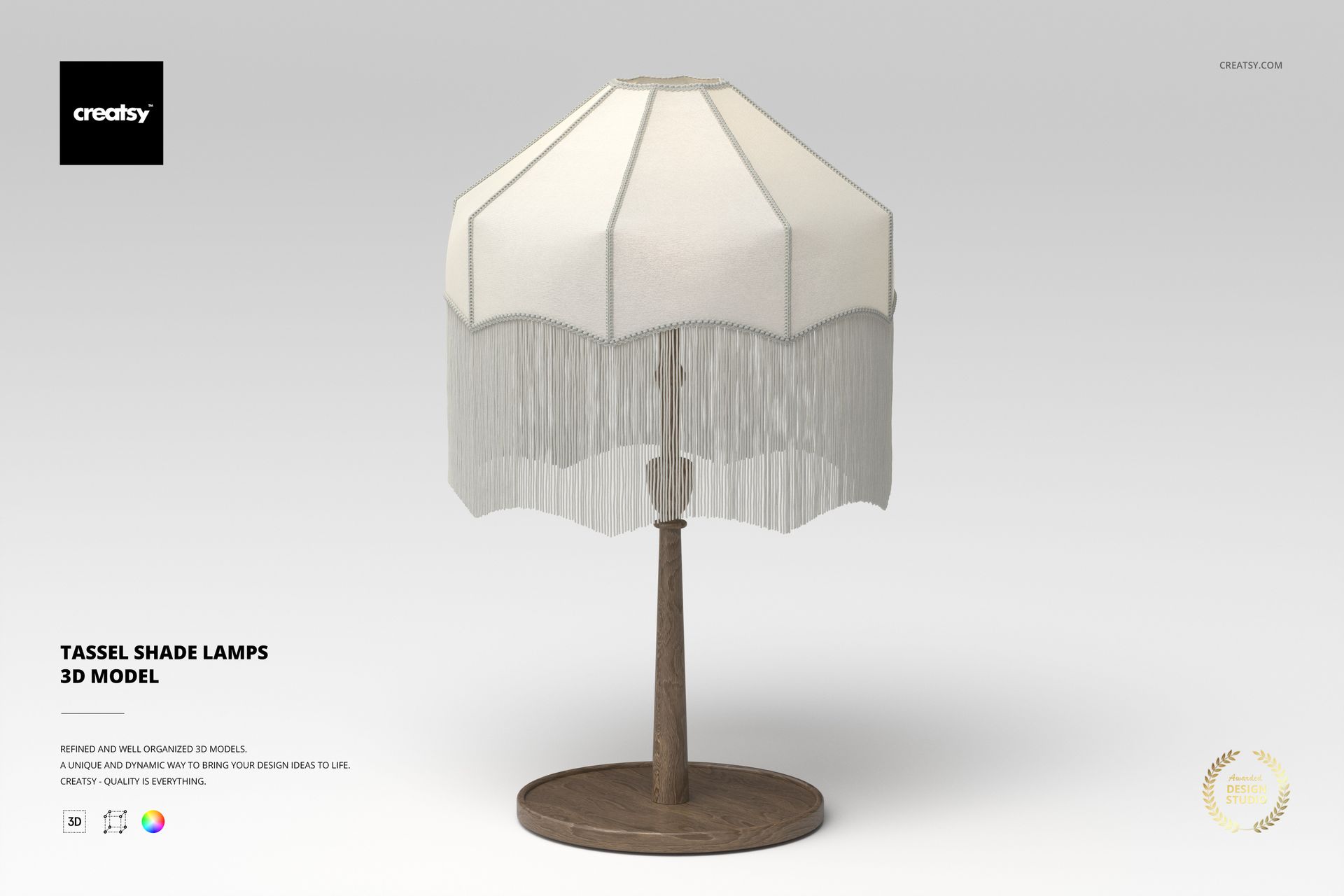 Front view of a tassel shade lamp with a white fabric lampshade and decorative fringe, standing on a wooden base.