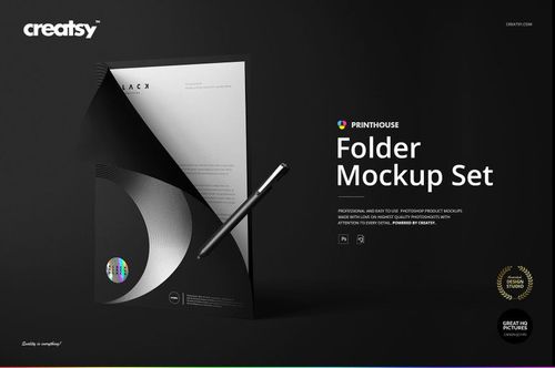 Folder mockup set featuring a black folder partially open to reveal a letterhead and pen, shown on a dark background.