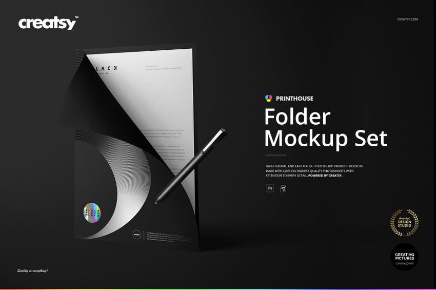 Folder mockup set featuring a black folder partially open to reveal a letterhead and pen, shown on a dark background.