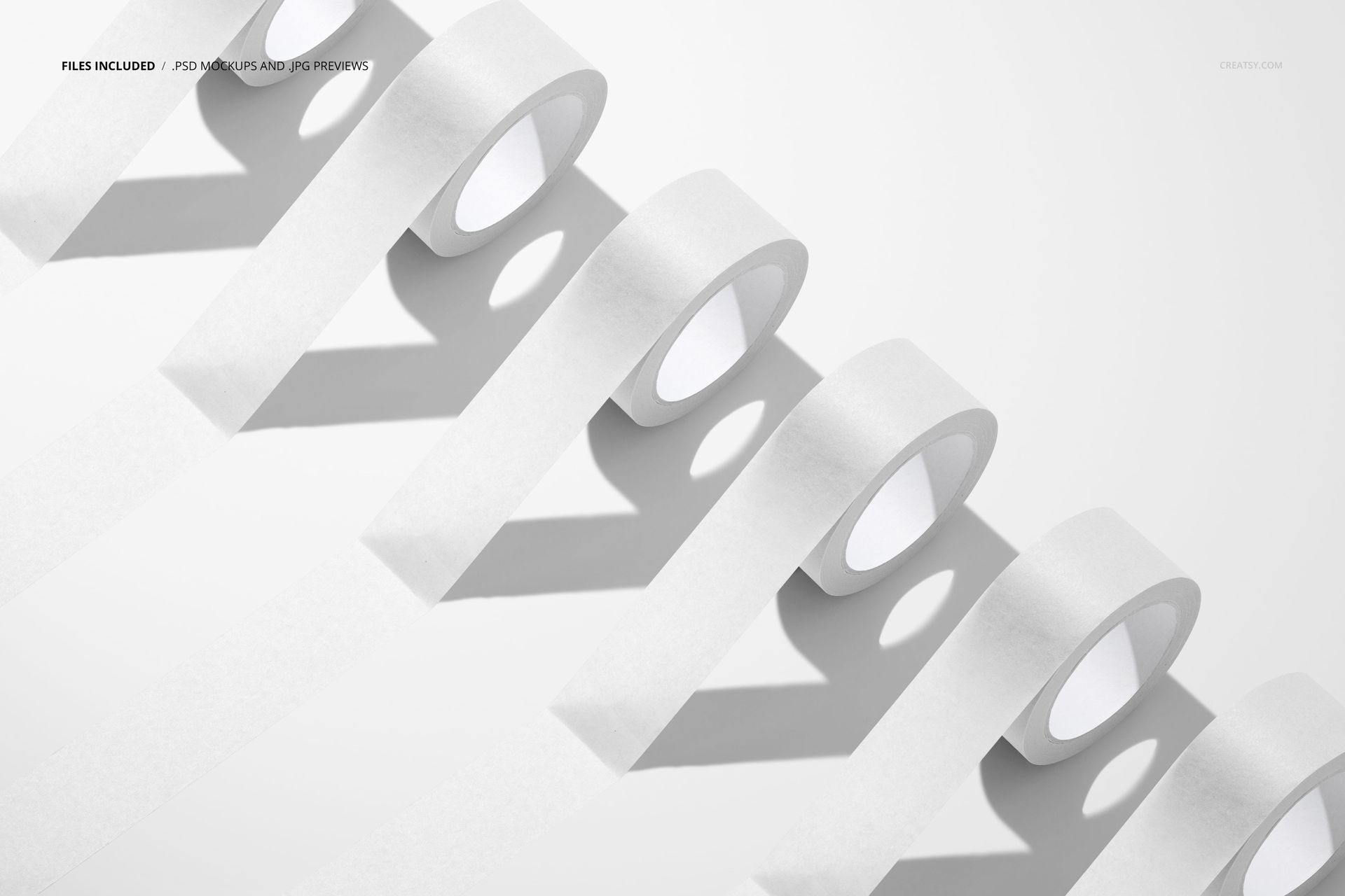 Packaging tape roll PSD mockup featuring multiple white rolls in a neat diagonal layout, light background, overhead view.