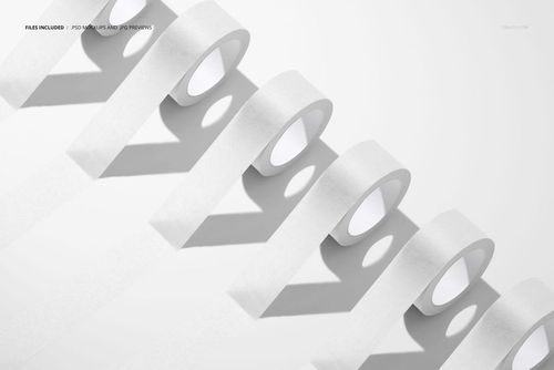 Packaging tape roll PSD mockup featuring multiple white rolls in a neat diagonal layout, light background, overhead view.