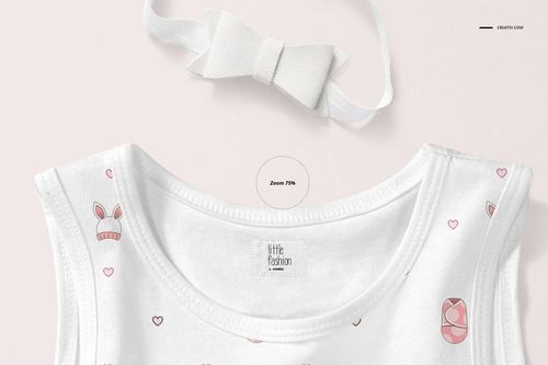 Close-up of a baby tank top mockup featuring a white fabric with subtle pink designs and a matching headband.