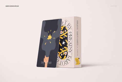 PSD mockup showing a single tarot card with graphic artwork positioned next to a decorative packaging box.