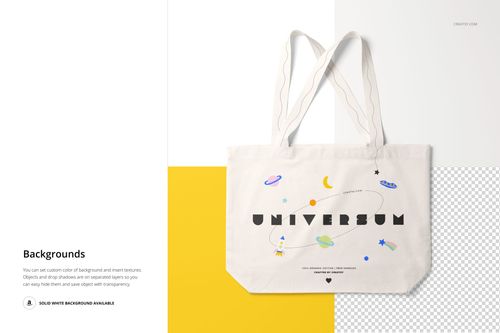 Weekender tote bag mockup with whimsical planets, stars, and text design, displayed on a white and yellow split background.