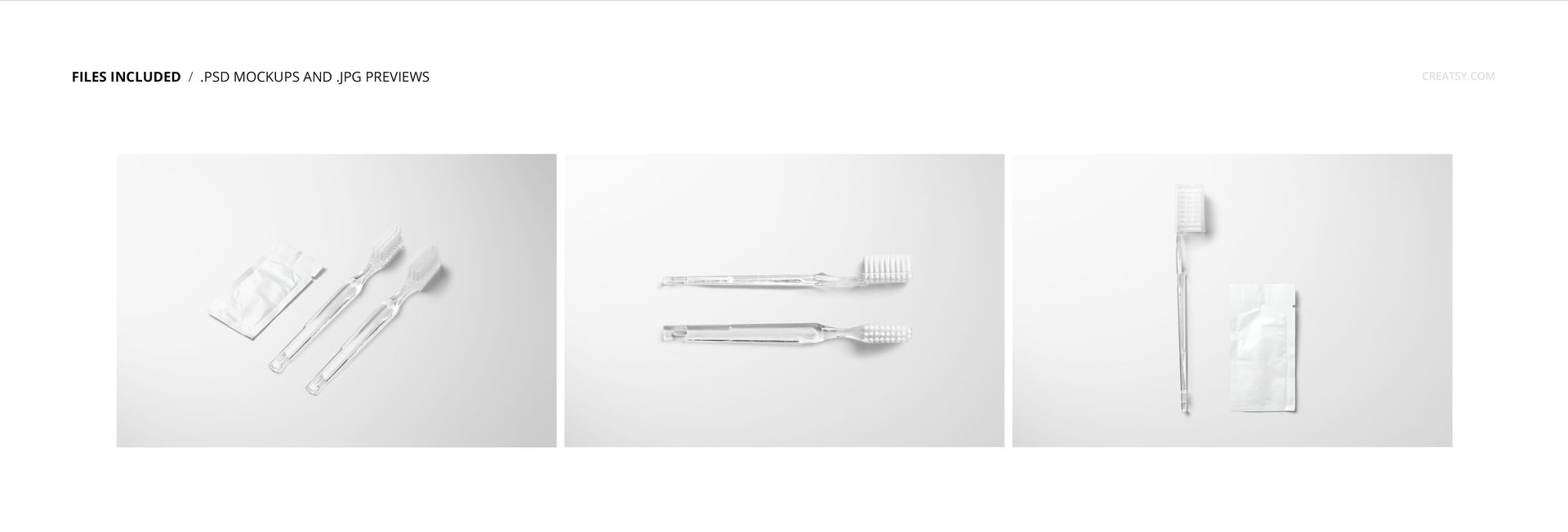 Hotel dental kit mockup featuring a clear toothbrush with protective cover and a compact toothpaste sachet on a white background.