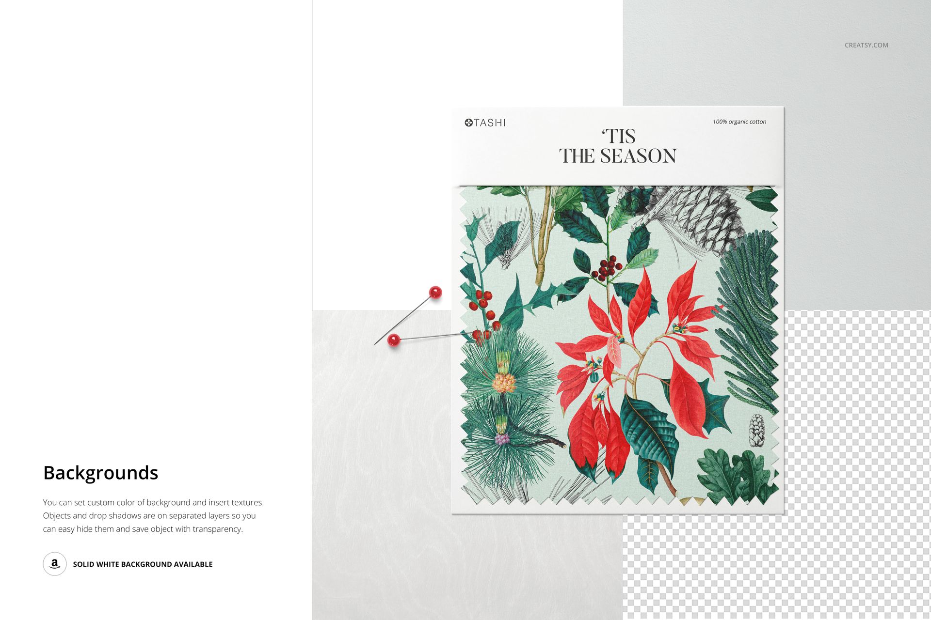 Fabric swatch mockup featuring a square sample with a botanical pattern, displayed on a white background with pins.