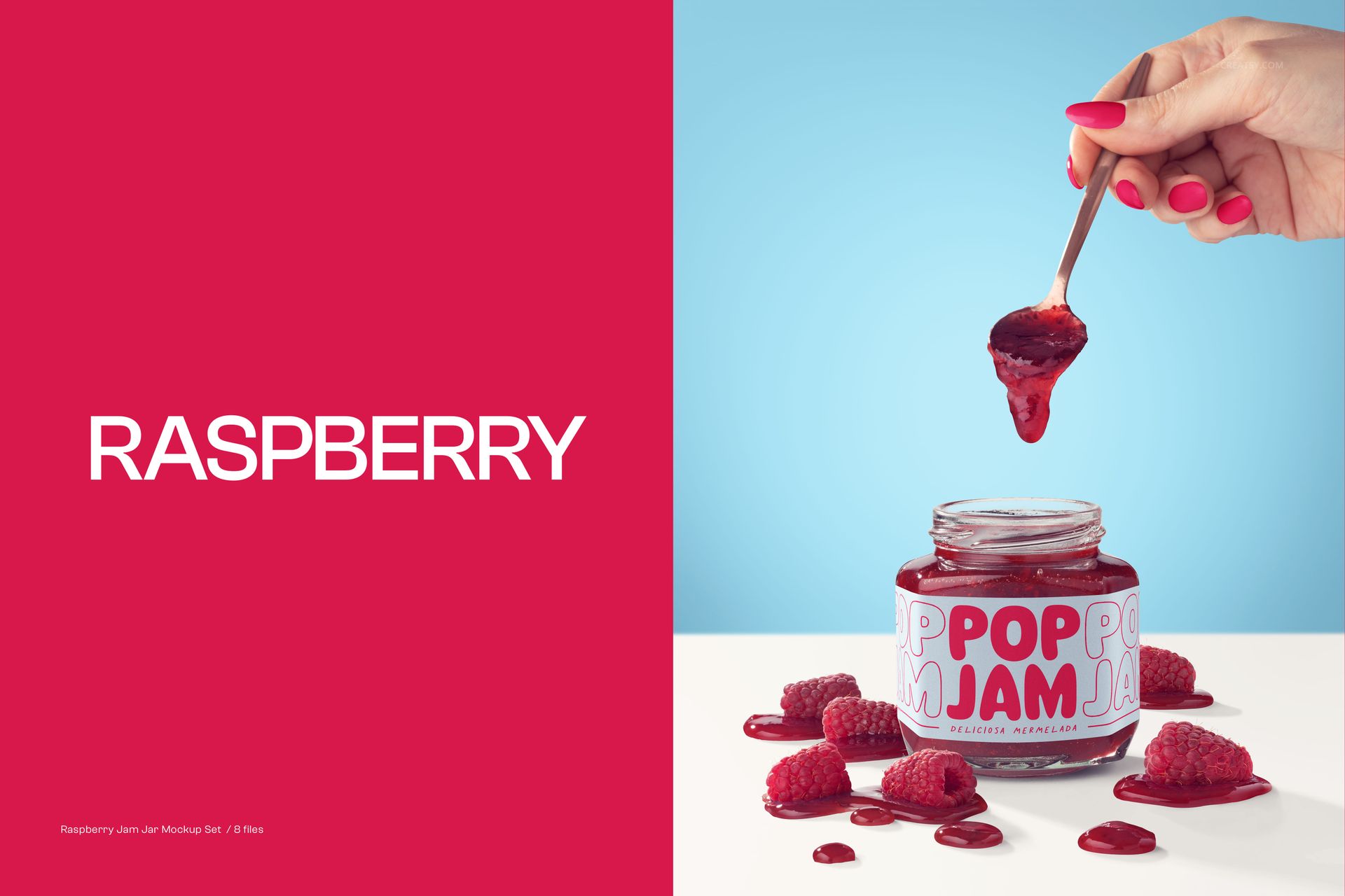Front view of a raspberry jam jar mockup with a spoon held above, surrounded by fresh raspberries on a blue background.