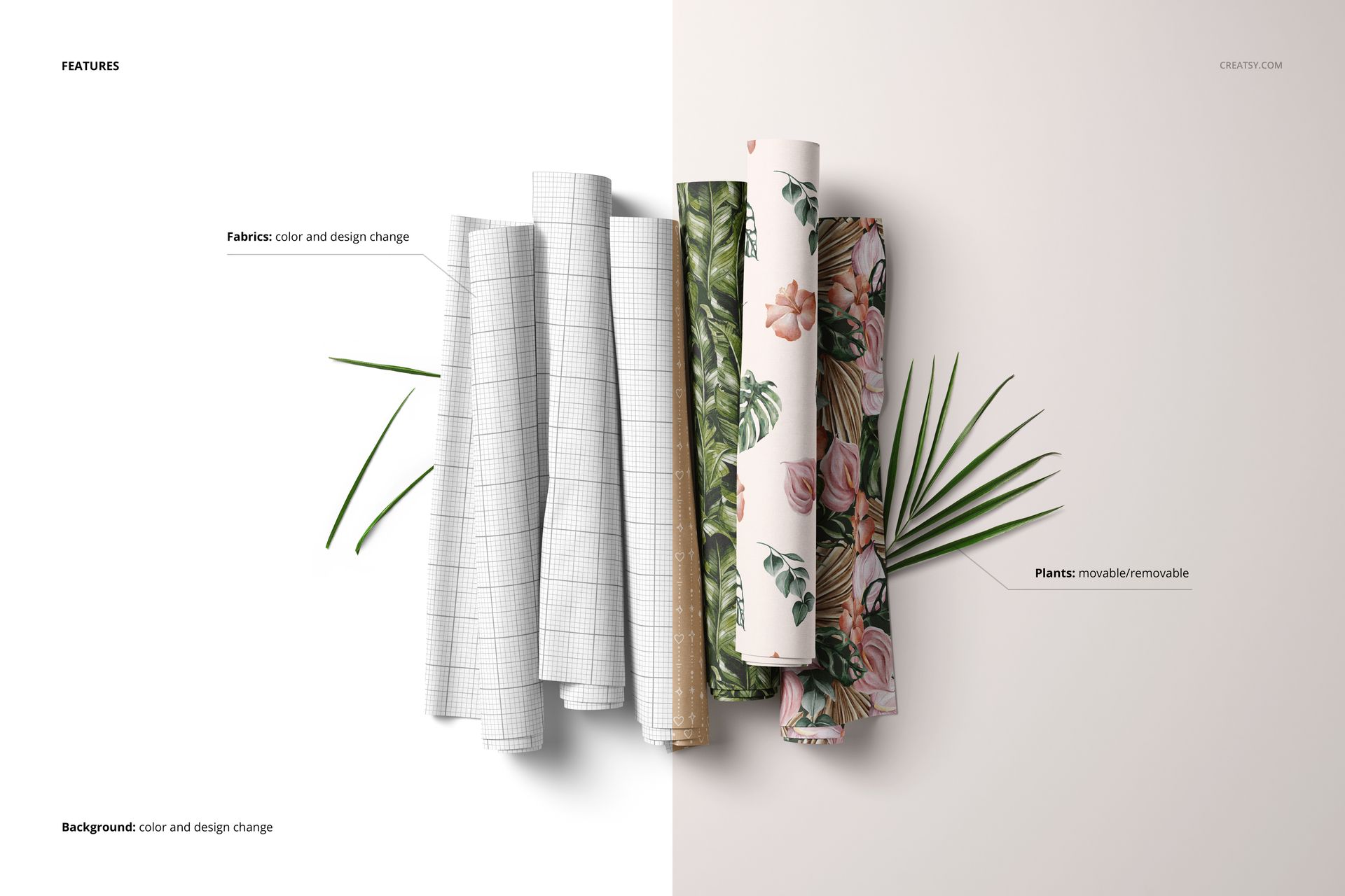 Fabric rolls mockup displayed from the front, showing a mix of grid, floral, and solid designs with green leaves.