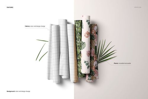 Fabric rolls mockup displayed from the front, showing a mix of grid, floral, and solid designs with green leaves.
