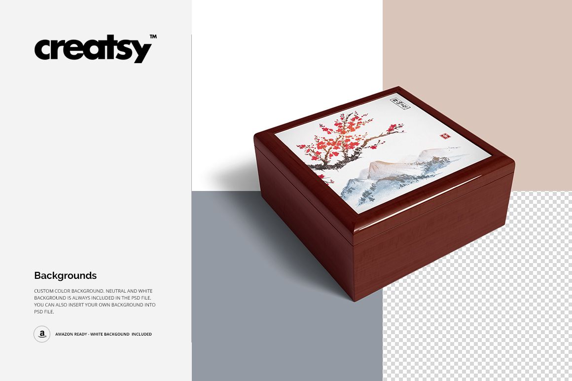 Mockup of a wood jewelry box featuring a ceramic tile lid with red blossoms and mountains, displayed on color block backgrounds.