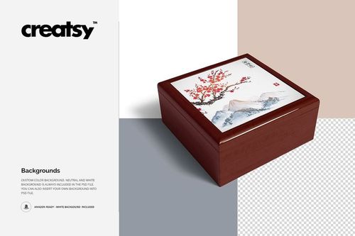 Mockup of a wood jewelry box featuring a ceramic tile lid with red blossoms and mountains, displayed on color block backgrounds.