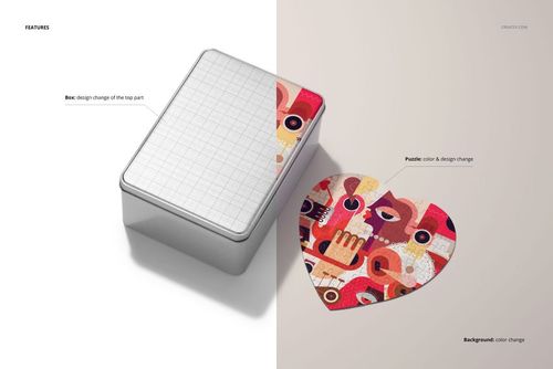 Heart-shaped jigsaw puzzle with colorful abstract design next to a vertical puzzle box mockup, shown on split background.