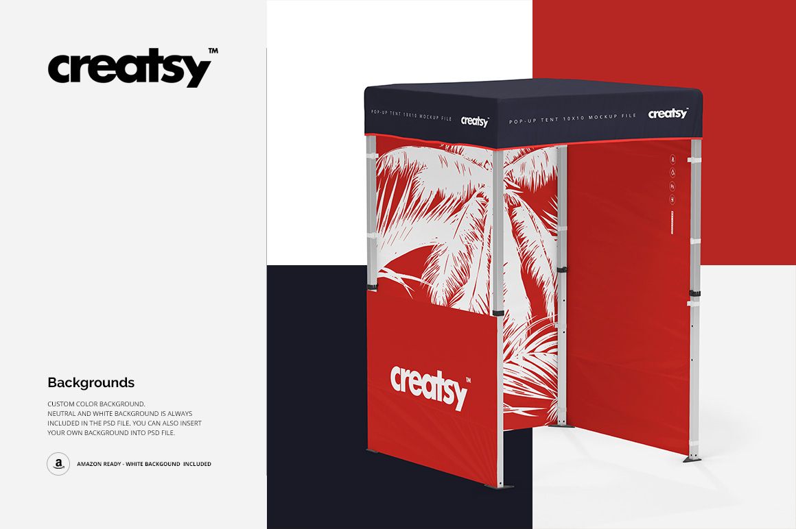 Square pop up tent mockup with navy canopy and red sides decorated with white tropical leaf pattern, angled perspective.