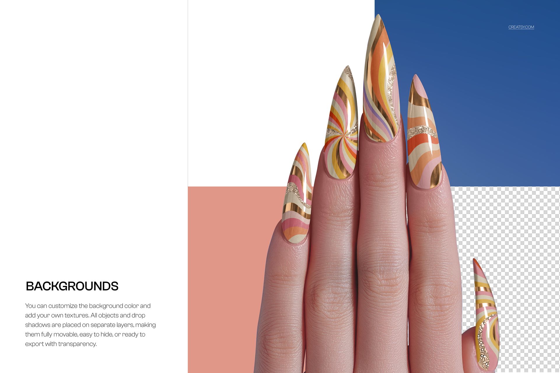 Hand with long stiletto nails decorated in swirling orange, pink, and gold designs, shown in a PSD mockup scene.
