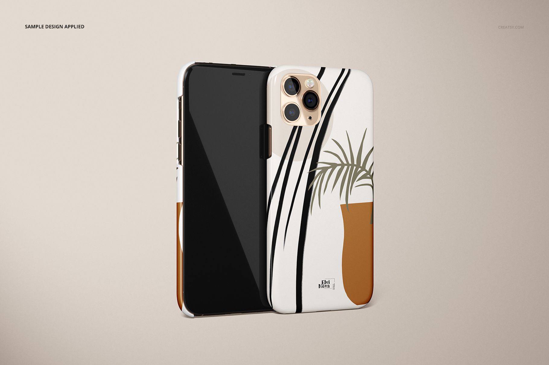 Glossy iPhone 11 Pro case mockup featuring a minimal plant design in brown and black, shown front and back.