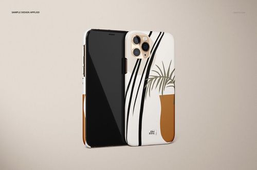 Glossy iPhone 11 Pro case mockup featuring a minimal plant design in brown and black, shown front and back.
