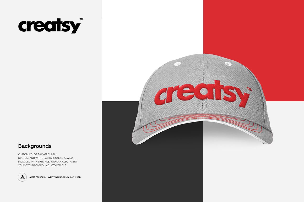Gray melange fullcap mockup shown from the front, featuring a bold red logo and a segmented black, white, and red backdrop.