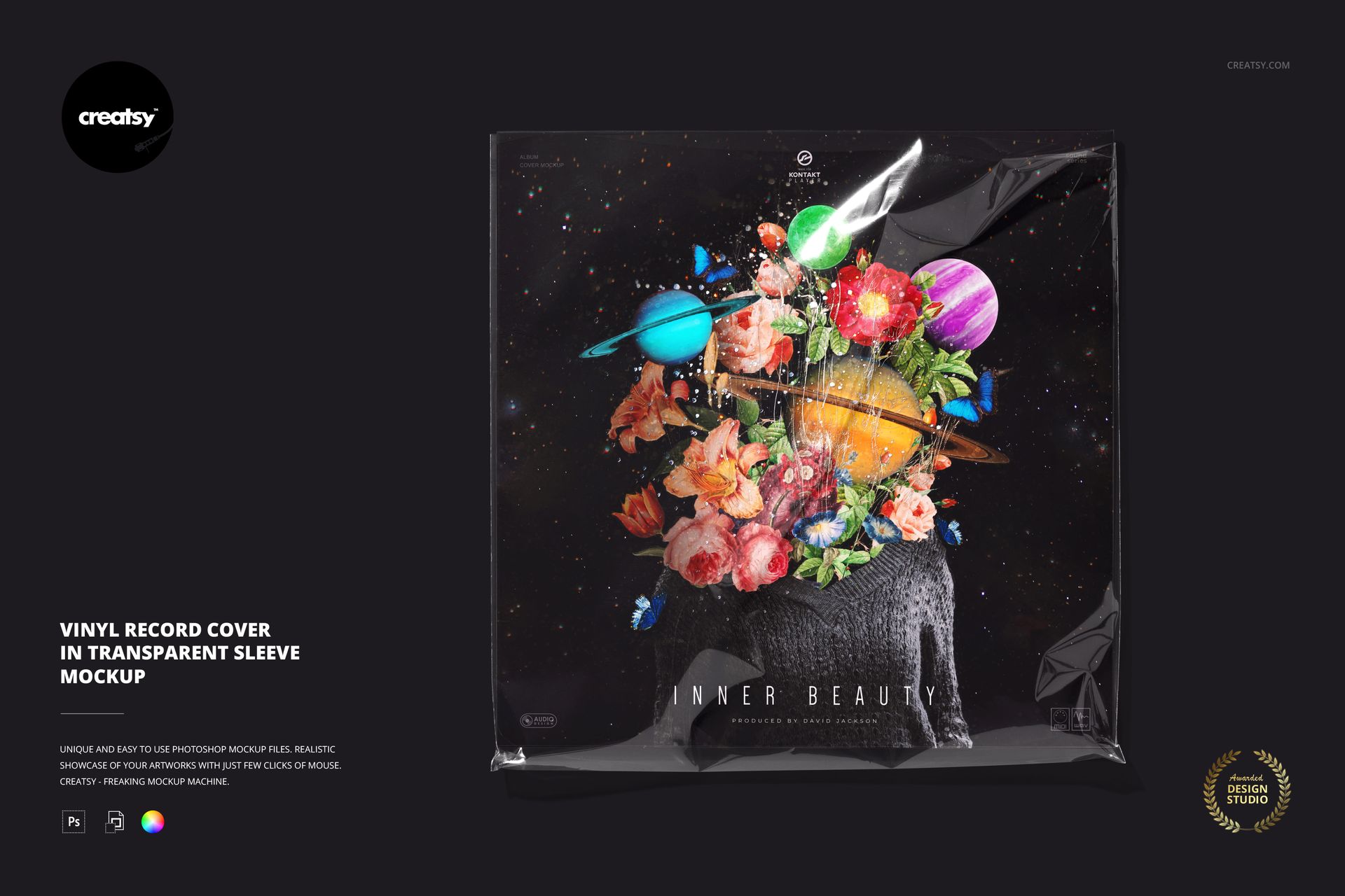 Vinyl record cover mockup with vivid flowers and planets artwork, displayed in a clear protective sleeve on a dark background.