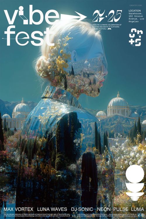 PSD mockup poster with a surreal composition showing a woman's profile merged with trees and classical architecture.