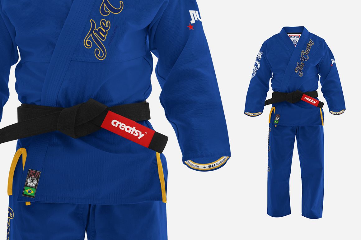 Blue Brazilian Jiu Jitsu uniform mockup with black belt, gold embroidered details, and white background.