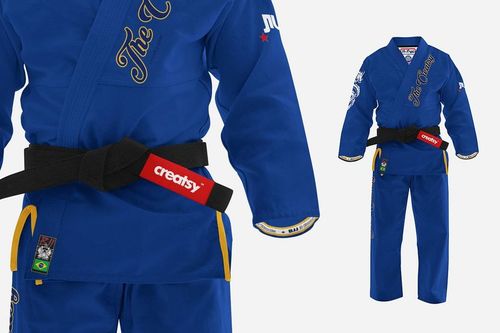 Blue Brazilian Jiu Jitsu uniform mockup with black belt, gold embroidered details, and white background.