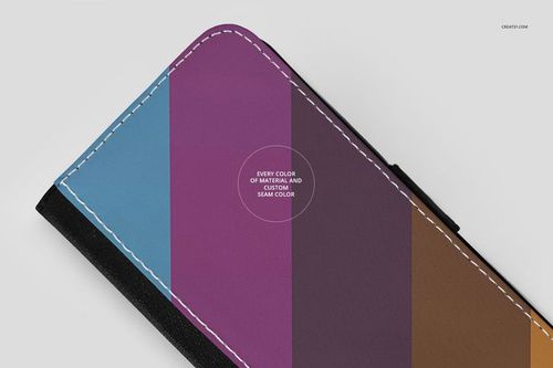 Close-up of a foldable phone case mockup featuring stitched edges and bold geometric color sections.