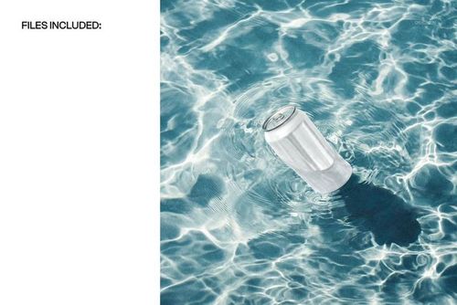 Floating drink can mockup in transparent water, sunlight reflections and shadow visible, top view composition.