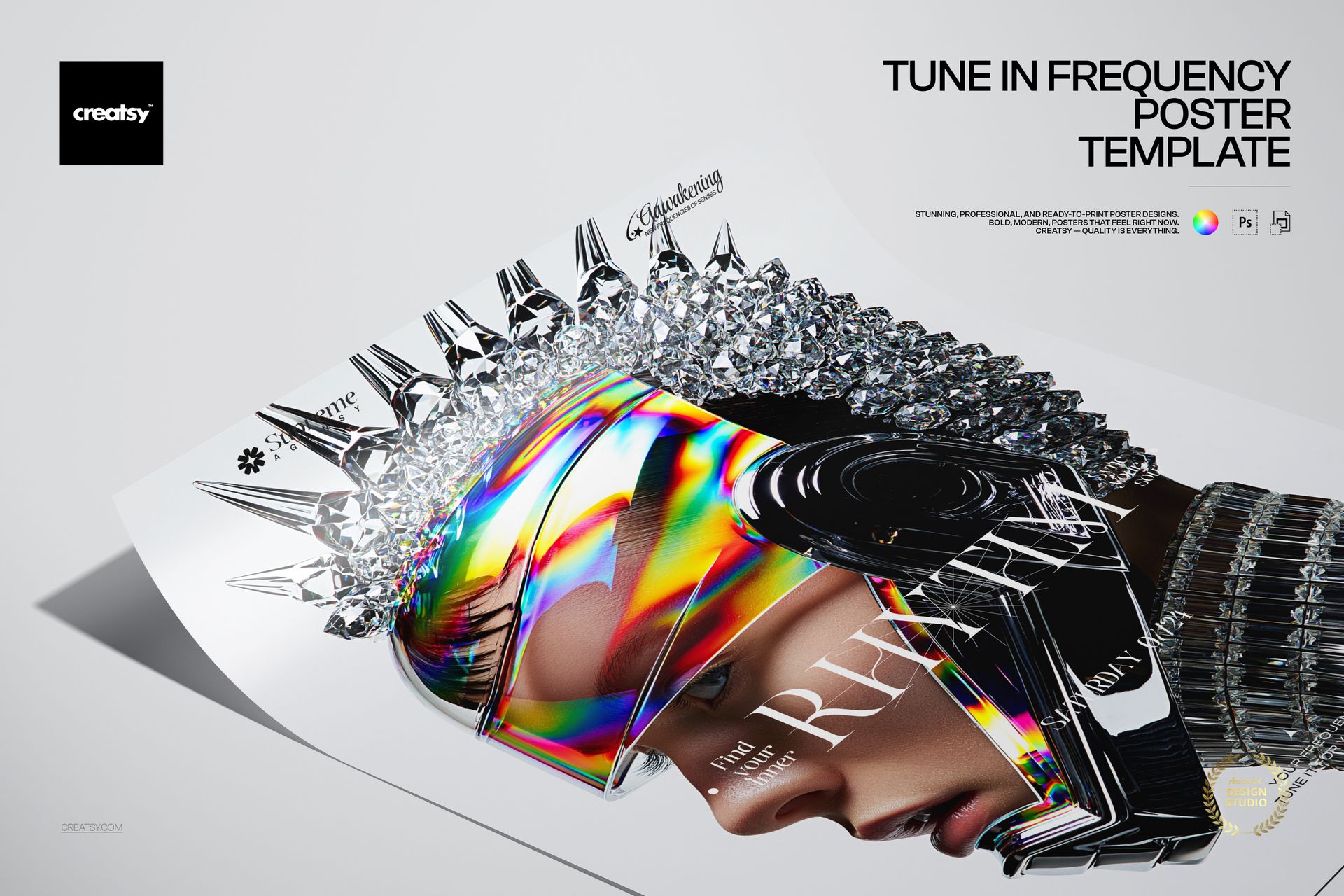 PSD mockup of a poster showing a stylized face with holographic effects and geometric crystal patterns.