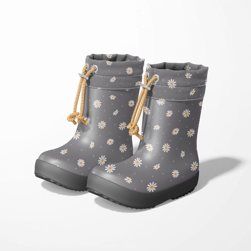 Kids rain boots mockup featuring a pair of gray boots with a daisy flower pattern, shown on a white background.