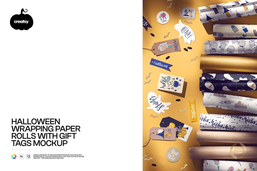 PSD mockup showing Halloween wrapping paper rolls and gift tags in different designs, displayed from a top-down perspective.