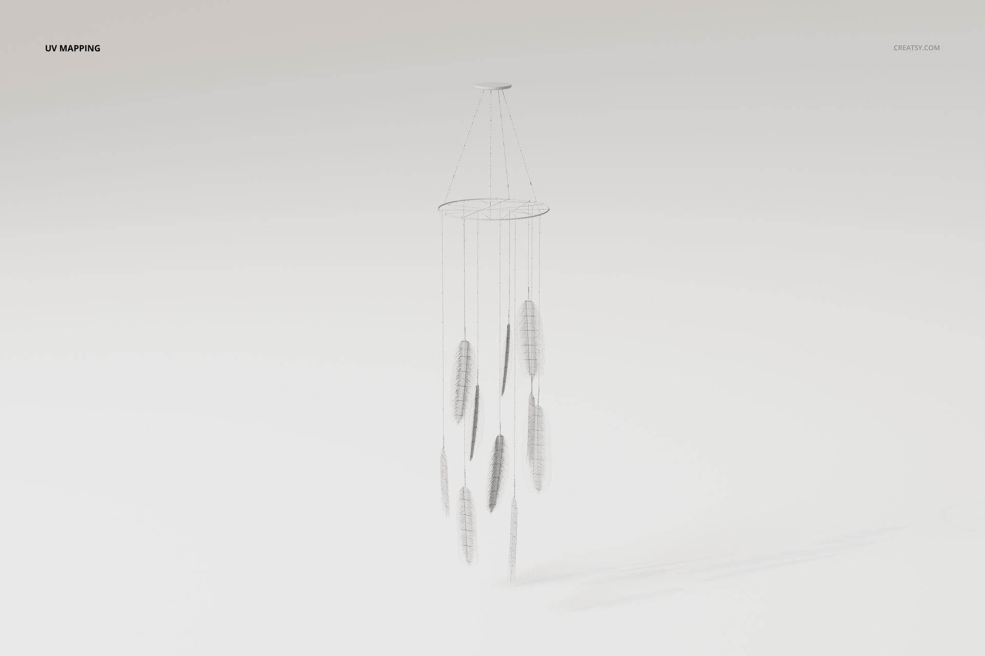 Front view of a 3D model wind chime with multiple feather-shaped elements hanging from thin strings on a circular frame.